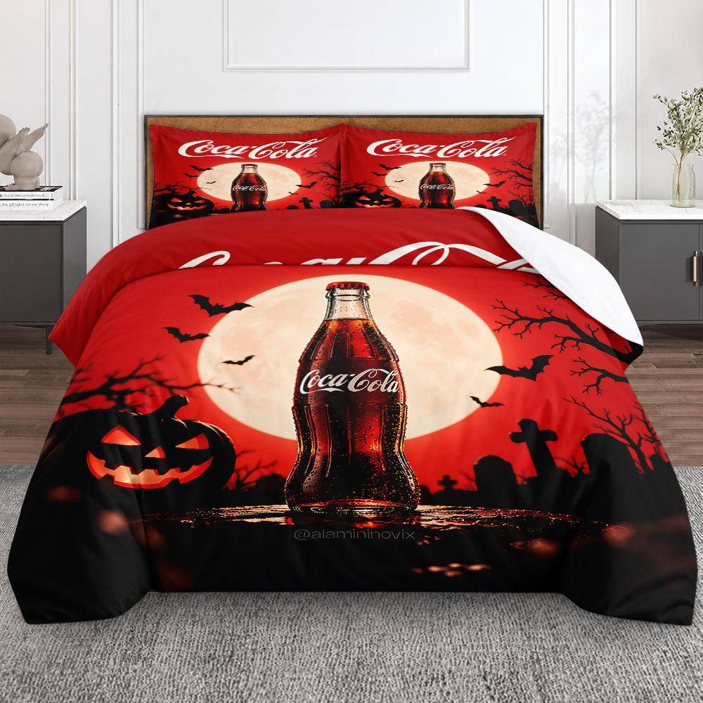 Modern Coca Cola Halloween Poster Red Bedding Set, Reversible Duvet Cover Set for Any Season, Elegant Bedding Set for Bedroom