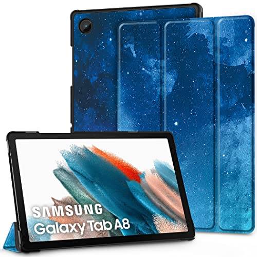 EasyAcc fodral till Samsung Galaxy Tab A8 2022/2021, ultratunt i PU-läder med stativfunktion och automatisk insomning/väckning, kompatibel med Glaxy Tab A8 10,5 tum SM-X200/X205/X207, blå stjärnor