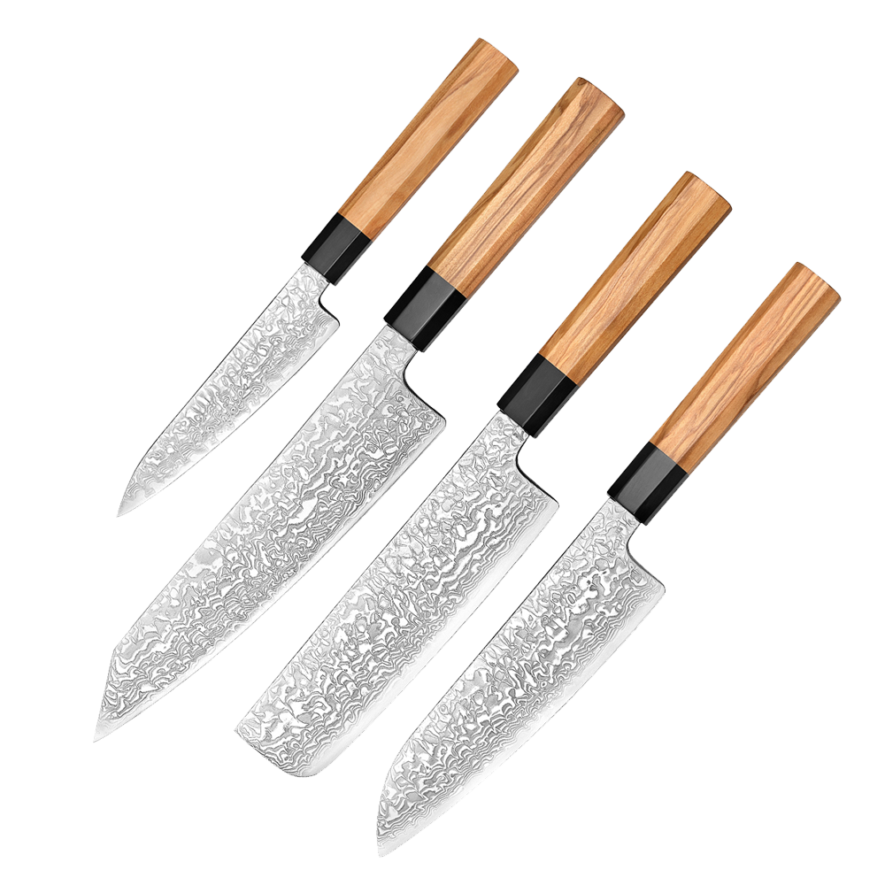Japansk knivsæt | Petty Nakiri Santoku Bunka | Damaskus Yuki-onna.