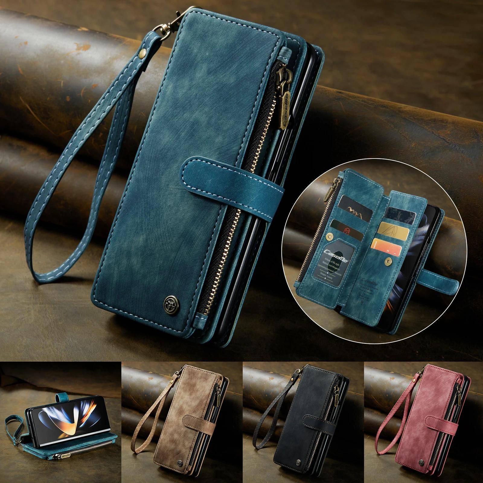 Blixtlåsficka Läder Kortfack Fodral För Samsung Galaxy Z Fold 5 4 5G Fold3 S23 S24 Ultra S22 Plus A14 A54 A55 A34 Bokomslag brun