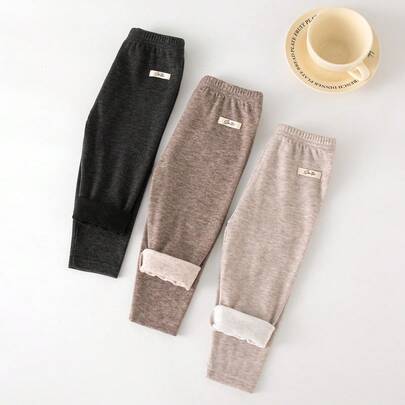 3-delat set med vinterleggings för babyflickor, enfärgade smala avsmalnande långbyxor med termofoder, vävd etikett med bokstav, hög midja och elastisk - Multifärgad (6-9M,9-12M,12-18M,18-24M,2-3Y)