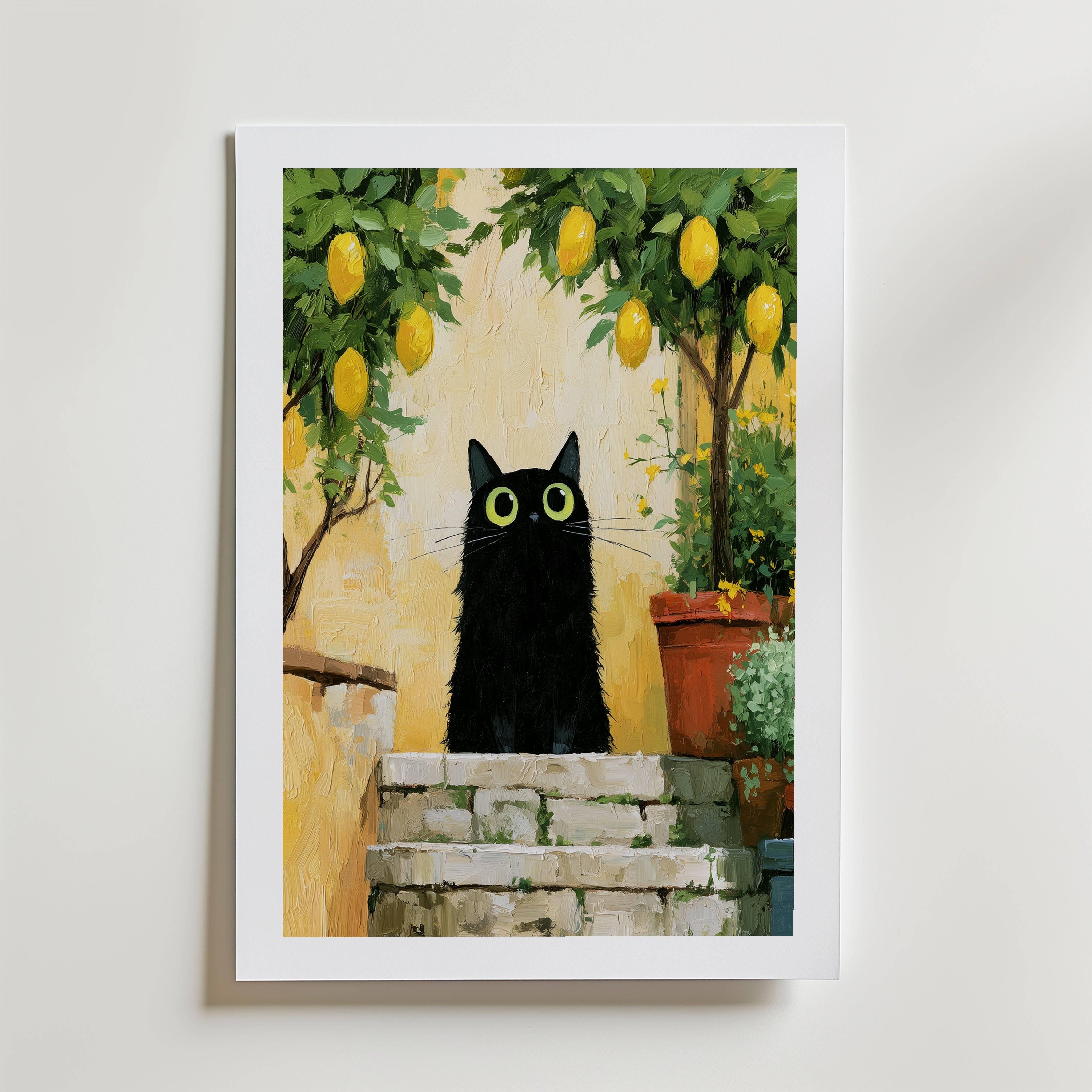 Cat in Lemon Garden Poster - Fine Art Poster 100x140 cm Med passepartout