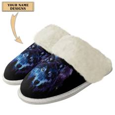 TEMU Customizable Men's Slippers - Cozy Fleece-lined, Non-slip Indoor Shoes With Wolf Design For Winter