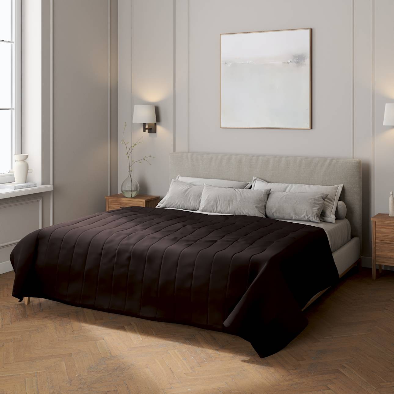 Sengetæppe quiltet<br/>10cm striber, Sort, Cotton Panama