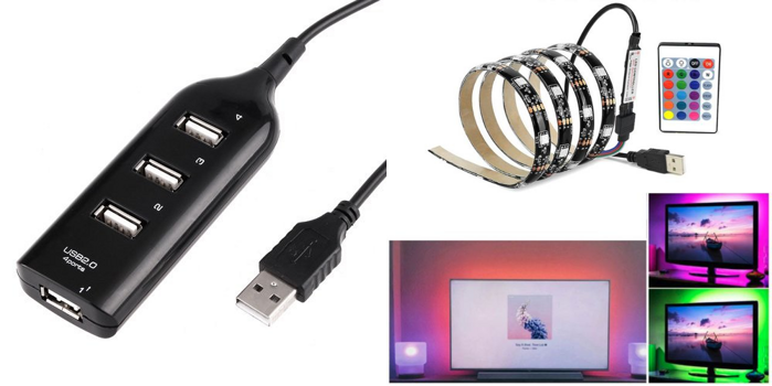 LED Lysbånd med fjernbetjening 2m - USB Hub og 4 porte med selvklæb