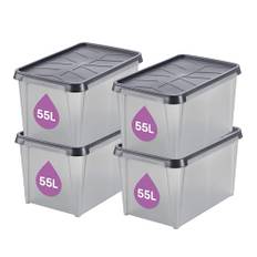SmartStore Aufbewahrungsbox mit Deckel 50 L wasserdicht Plastik – 4er-Set – mattiert - ineinander & übereinander stapelbar - lebensmittelecht & BPA-frei – IP44 – L60 x B40 x H35 cm 10 Jahre Garantie