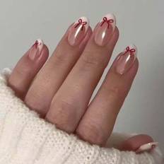 24st Kort Oval Söt rosettmönster Magiskt Metall Krom Glänsande Design Vit Fransk Spets Akryl Press On Nails Kort passform Perfekt False Nails Set, Ink - Multifärgad