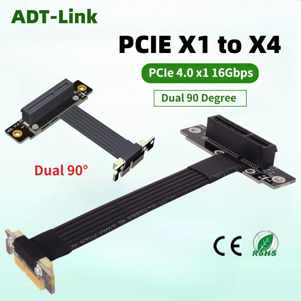 16Gbps Riser Card PCIE 4.0 X1 Male To X4 Female PCI Express PCI-E 4X 1X PCIe Riser Extender Ribbon Wire Dual 90° Right Angle GPU