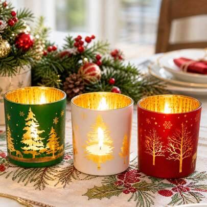 3 st juliga ljushållare i glas för bordet, julstil med pepparkaksgubbe, julgran och Jesus-design, julbordsprydnad, juldekoration för hemmet, kräver in