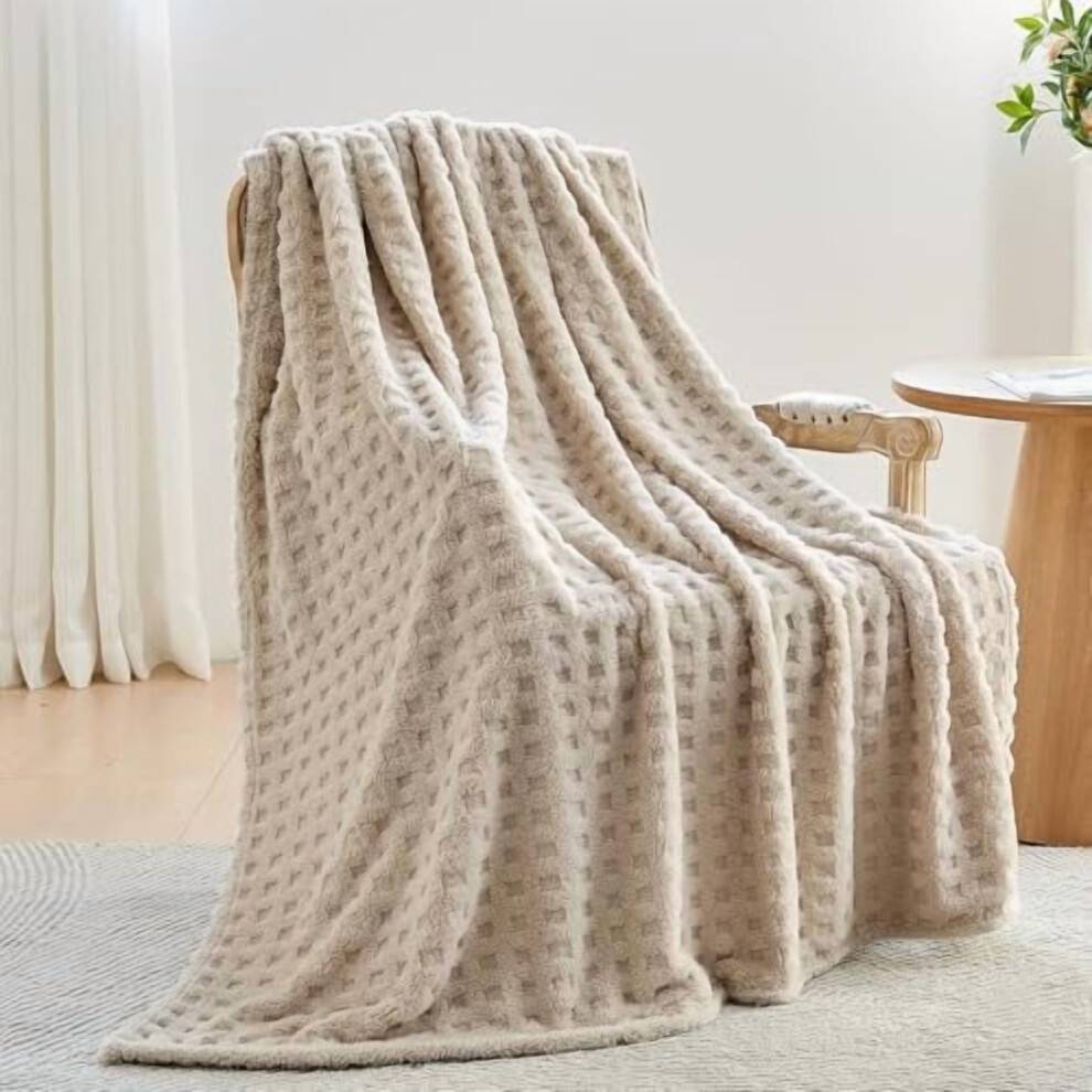 Superblødt tæppe i hør, premium silkeagtig flannelfleece, 3D vaffelmønstret ternet, letvægts sengetæppe, helårsbrug (hør, tæppe (50"x70"))
