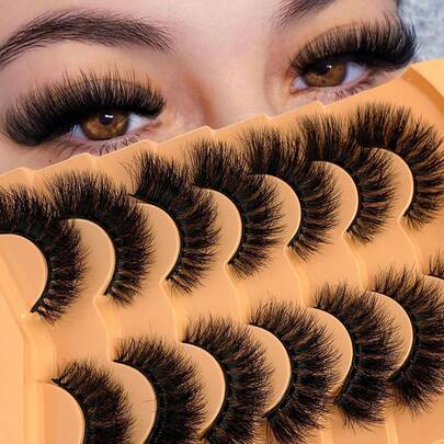 7 par ryska volym klassiska cat eye lösögonfransar, naturliga fluffiga lösögonfransar, korsformade dramatiska böjda fransförlängningar, skapar naturli