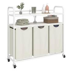 Hzuaneri Laundry Basket 3 Compartments, 3 x 46L, Laundry Vollector with 2 Shelves, Laundry Sorter, Laundry Bag Extendable and Removable, 46 Litres per Bag, for Bathroom, Laundry Room, white LB08603W