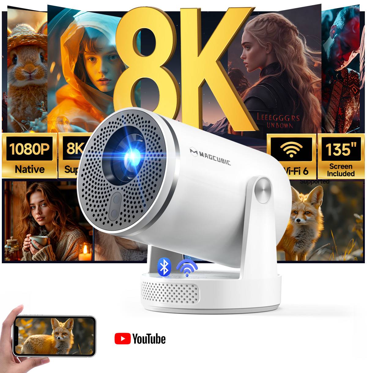 Magcubic HY320Pro 400ANSI Full HD Projector, Native 1080P Auto Focus, Android 14 Voice Control 8K Support Portable Home Cinema, HY300 Pro Upgrade