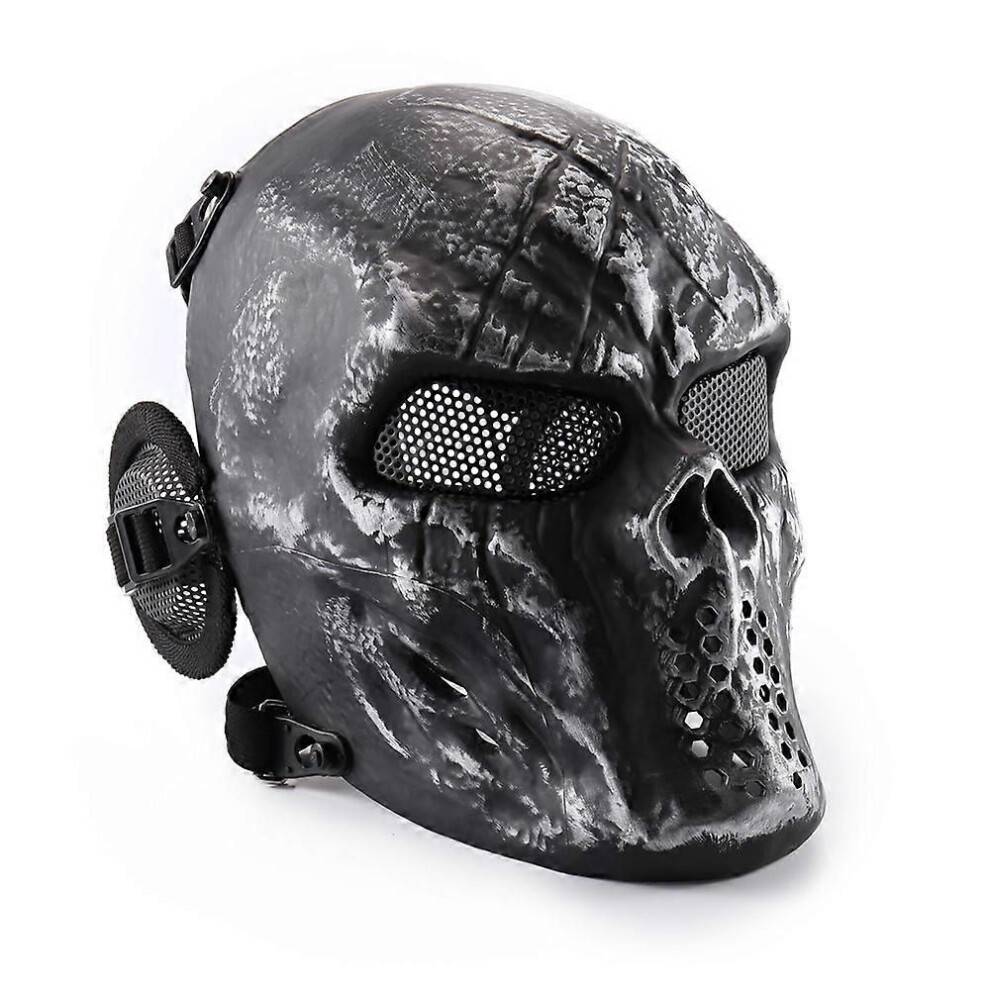 (Silvergrå) REikirc Taktisk Helmaske Airsoft Skull Mask med Hörselskydd CS Halloween Cosplay Masker