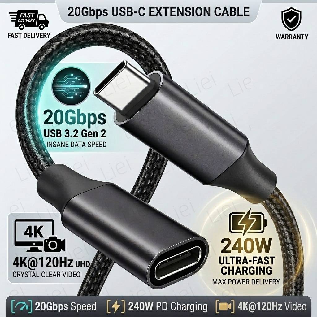 20Gbps USB C Extension Cable 240W USB3.2 4K@120Hz Type C Video Extension Cord Male to Female For Hub PS VR2 iPhone MacBook Switc