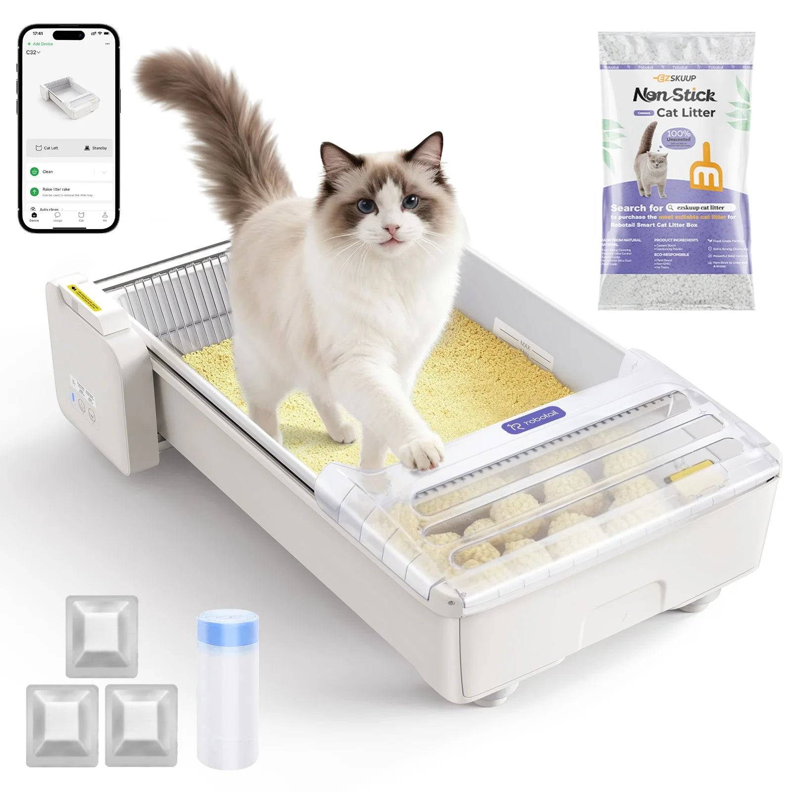 Robotail XL Self-Cleaning Cat Litter Box | Open Design | Dual Rake | Teflon Pan | 6-Cat App | 20 Liners - WHITE / United Kingdom