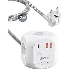LENCENT 4-Vägs Europeiska Grenuttag med Strömbrytare, 7 i 1 Uttag Strömlista med 2 QC3.0 USB-A+1 PD20W Typ C, Europakontakt Grenuttag 2 Meter Flätad Kabel för Vägguttag Multipeluttag, Type C/E/F, Vit