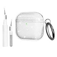 Teyomi Transparent skal kompatibelt med Airpods 4 med rengöringssats, mjukt TPU-skyddsfodral kompatibelt med AirPods 4 generation med karbinhake (trådlös laddning, paljetter)