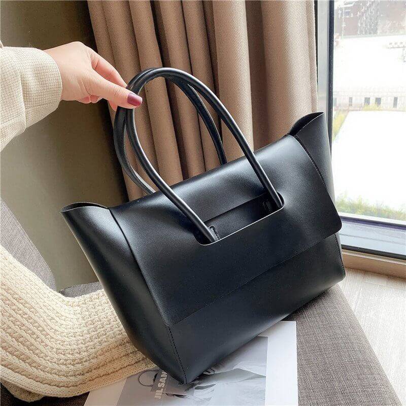 Large Capacity Retro Tote Bag Women PU Shoulder Handbag - Black