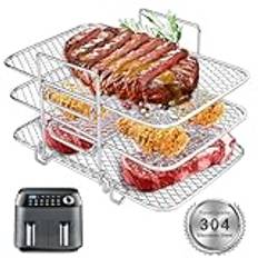 AKOFIC Friteringshylla för Ninja Dual, 304 rostfritt stål luftfritös tillbehör tre lager matlagningsgrillställ, luftfritös AF300UK AF400UK-tillbehör för Ninja, Salter, EMtronics Dual Air Fryer