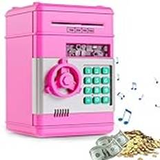 Elektroniskt kassaskåp för barn från 3 år, elektronisk lösenordskod kassaskåp med musikläge, digital elektronisk spargris för barnleksaker med automatisk rullning, rosa