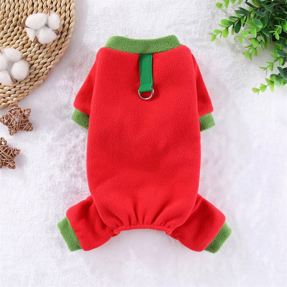 Fleece Dog Jumpsuit Hoodie with Leash Ring — Warm Winter Coat for Dogs & Cats - Red / 3XL (3XL)