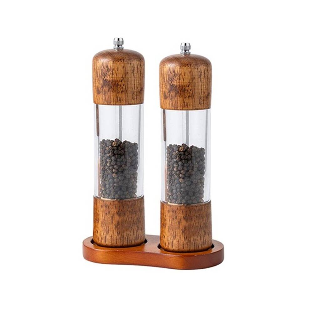 8 in Manual Salt and Pepper Grinder, Solid Wood Spice Shaker Mill with Base, Refillable Wooden Grinder for Kitchen Tools