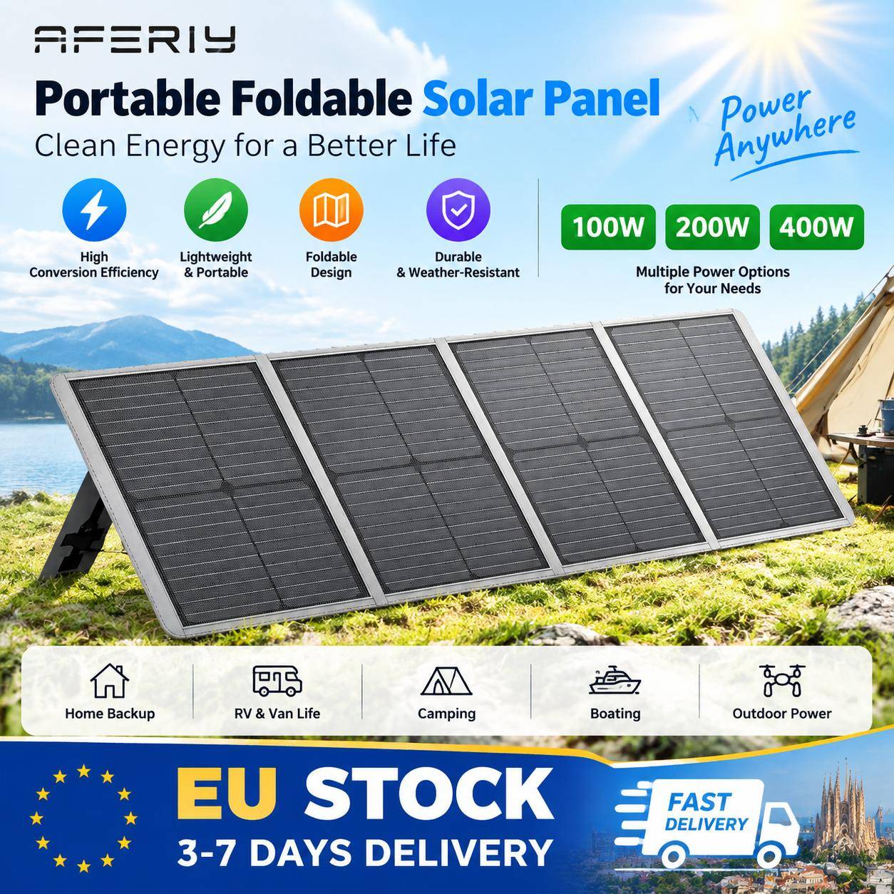 AFERIY 100W/200W/400W Bärbar Vikbar Solpanel, Mono Cell Solcellsladdare DC-utgångar IP65 Vattentät Solpanel för Husbil Hem