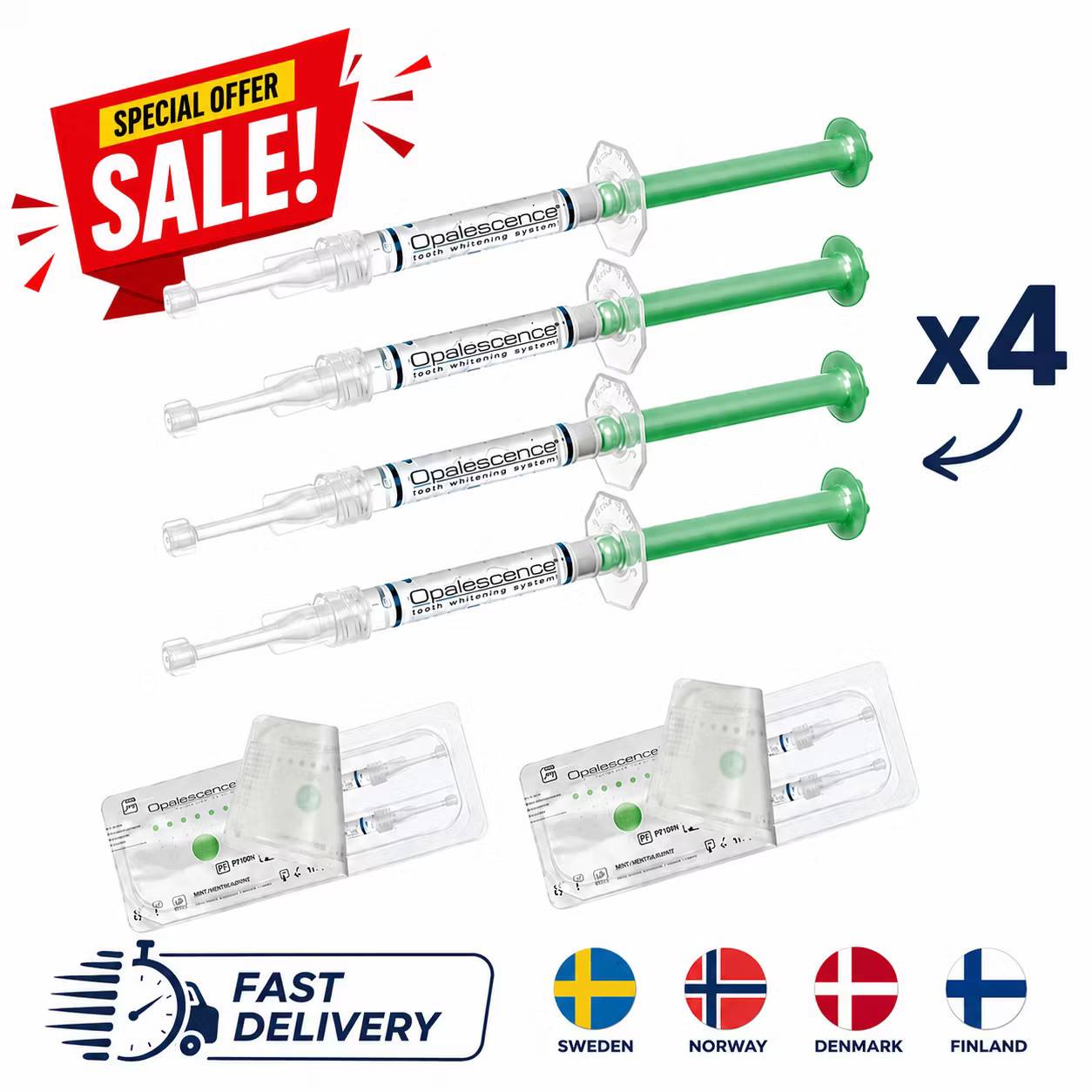 Opalescence PF tandblekningsgel 10% eller 16% (4-pack) - Köp 2 paket – fri frakt: 10% karbamid peroxid (Mint)