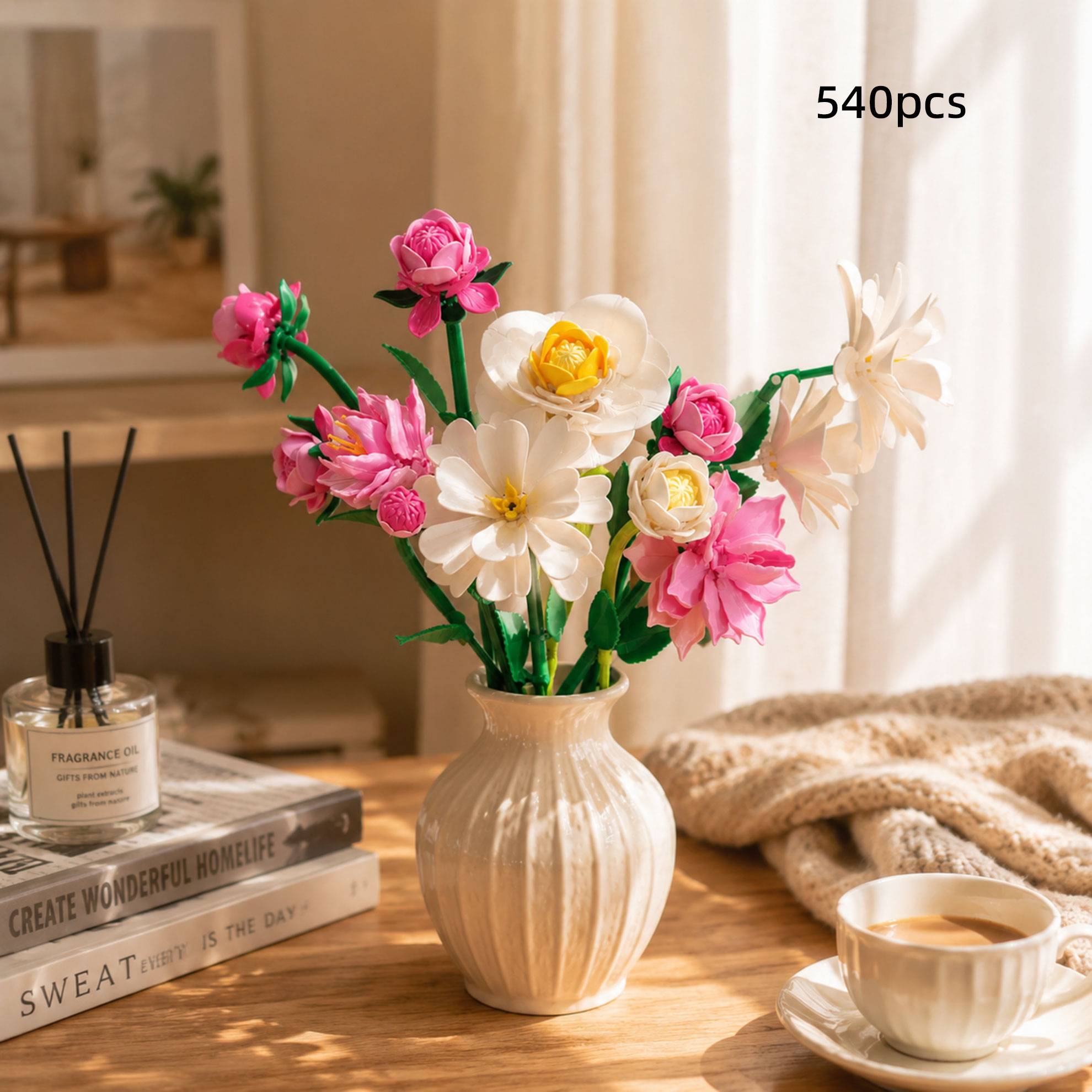 540Pcs White Camellia and Peony Mixed Building Block Flower Bouquet Set, DIY Eternal Flower Building Block Bouquet, Pastoral Style Eternal Flower Assembly Kit, Ins-Style Room Decoration, Valentine's