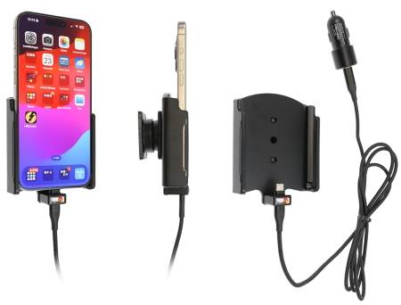 Brodit Aktiv hållare med USB-kabel och cigg-adapter, Apple iPhone 15 Pro Max