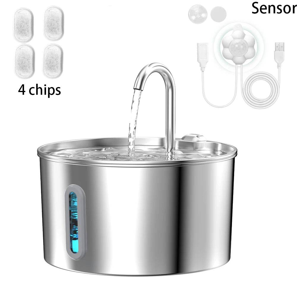 2.2L Stainless Steel Cat Water Fountain — Artesian Flow, Ultra-Quiet Pump & Filter - add 4chip add sensor / L / 2L (L)