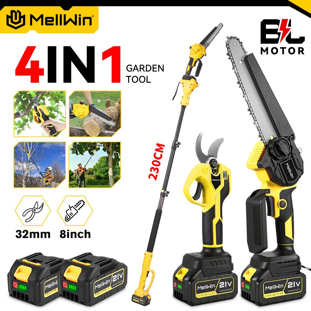 MELLWIN Brushless 4IN1 8 Inch Chainsaw & 32MM Pruning Shears Set With 185cm Telescoping Pole  Garden Pruning Tool For Makita 18V Battery Pin