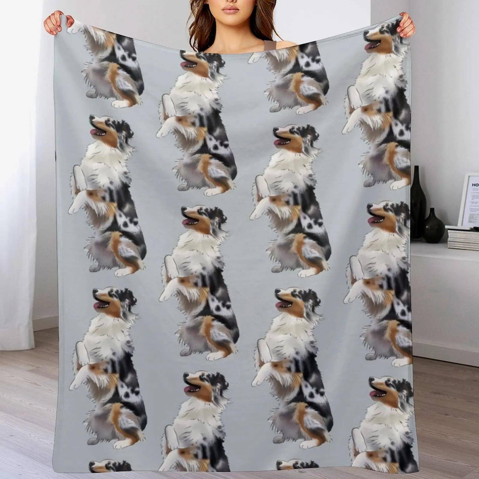 Söt Australisk Vallhund Blue Merle Tiggande Hund Aussie Ritning Pläd Mysig Lätt Filt för Resa Camping Picknick
