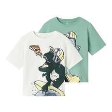 Name It T-shirt - 2-pak - NmmDino - Cloud Dancer/Creme de menthe - Name It - 3 år (98) - T-Shirt