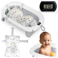 Vikbart babybadkar med termometer & insats – Vit/Grå