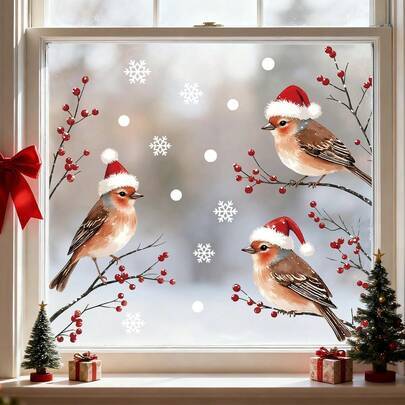 1/2 ark juliga fönsterdekaler med söta fåglar i tomteluva och snöflingor, självhäftande väggdekaler för barnrum, hem och julfestdekoration - Multifärgad (Stil A,Stil B,Stil C,Stil D)
