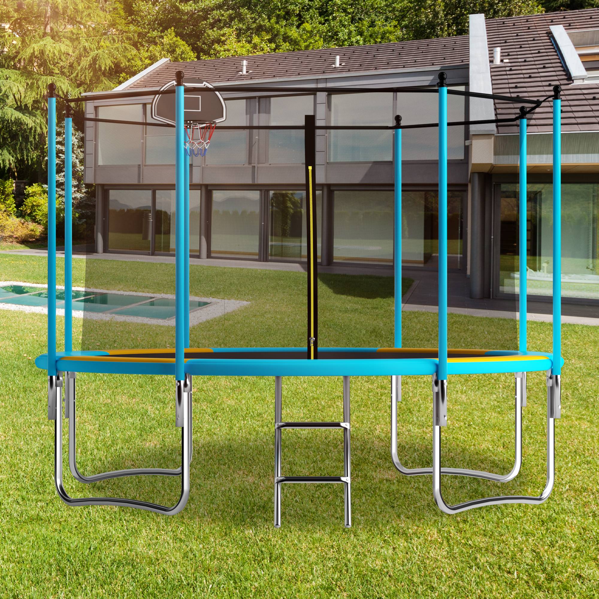 Outdoor Trampoline with Basketball Hoop and Safety Net, Heavy Duty Rebounder with Weatherproof Frame, 366L x 366W x 76H cm, Blue+Orange Aosom UK