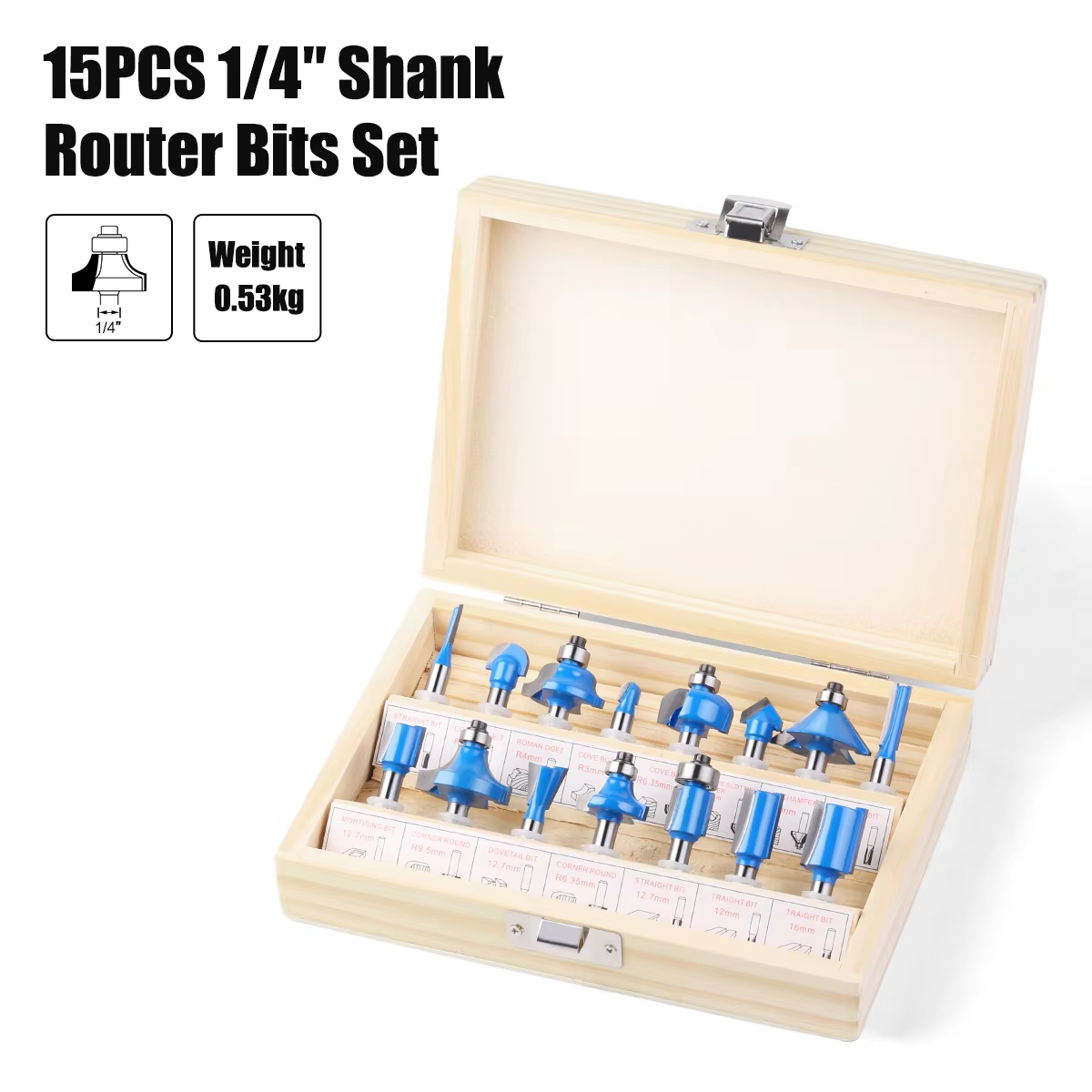 1/4" Shank 15Pcs Wood Router Bit Set for Trimming Chamfering Grooving Suitable for Wood Trimmer and Machine Milling Cutter