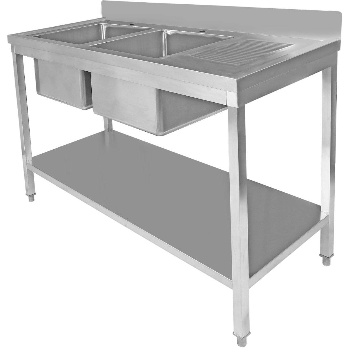 Diskbänk Rostfritt stål 1800x600x900mm 2 hoar till vänster & Avrinningsyta Stänkskydd Underhylla | Adexa STT1860L