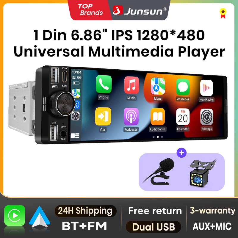 Junsun 1 Din 6.86'' Wireless CarPlay Android Auto Car Radio FM Stereo MP5 Multimedia Player BT SWC USB Universal Head Unit