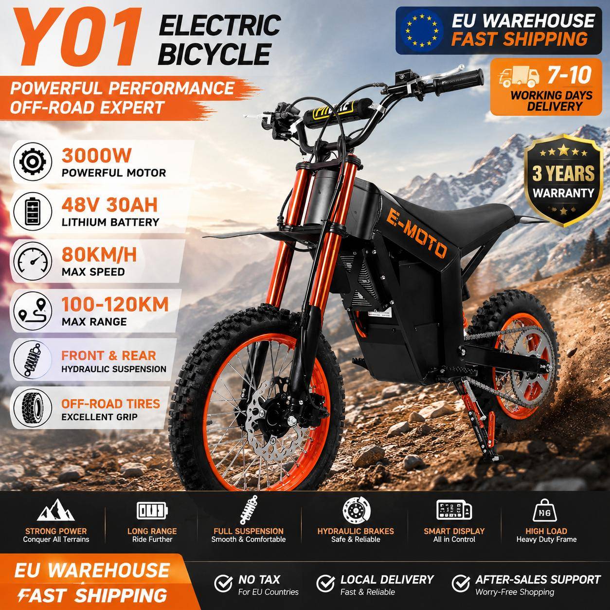 EU 2026 Y01 Elmotorcykel Toppeffekt 3000W 48V 30Ah Batteri Maxhastighet 55km/h Vattentät 14-12 tum Elcykel Ebike svart