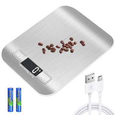 Köksvåg digital, 10 kg/1 g köksvåg USB-uppladdningsbar digital köksvåg med LCD-display & Tara funktion professionella köksvågar med batteri laddningskabel – silvervit