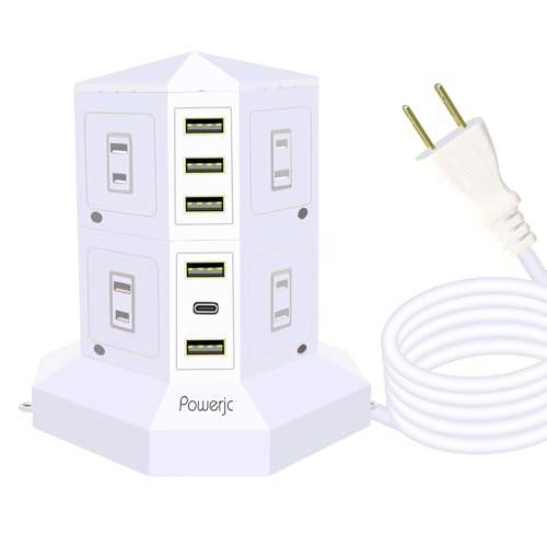 JIACHAN Tower-Style Power Strip with 2 Vertical Outlets, 8 AC, Smart USB, PD, and Type-C Charging, Lightning Guard, Overload Protection, Energy-Saving