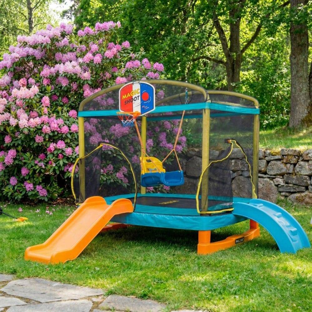 Rektangulär studsmatta 180×130 cm – PE-säkerhetsnät, 32 fjädrar & stabil stålkonstruktion - Lekredskap utelek Metall