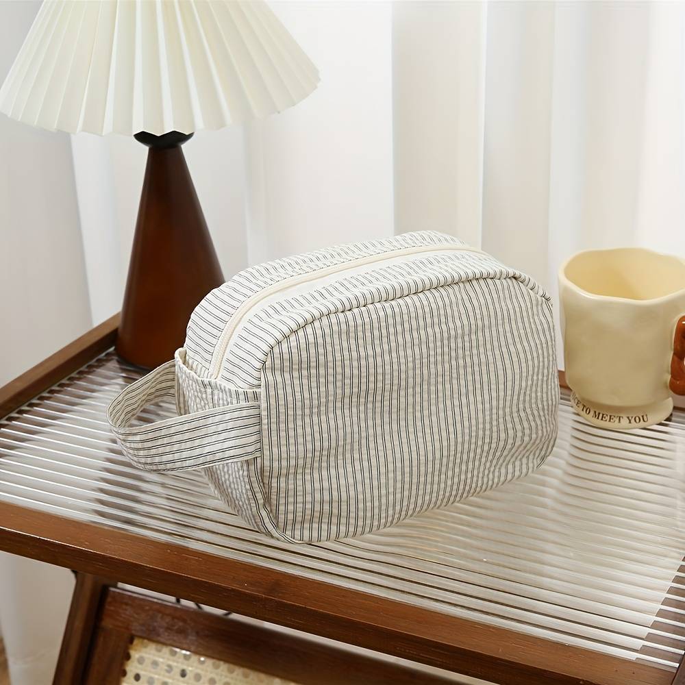 1pc Striped Large Capacity Handbag Cosmetic Storage Bag Travel Portable Makeup Bag Organizer