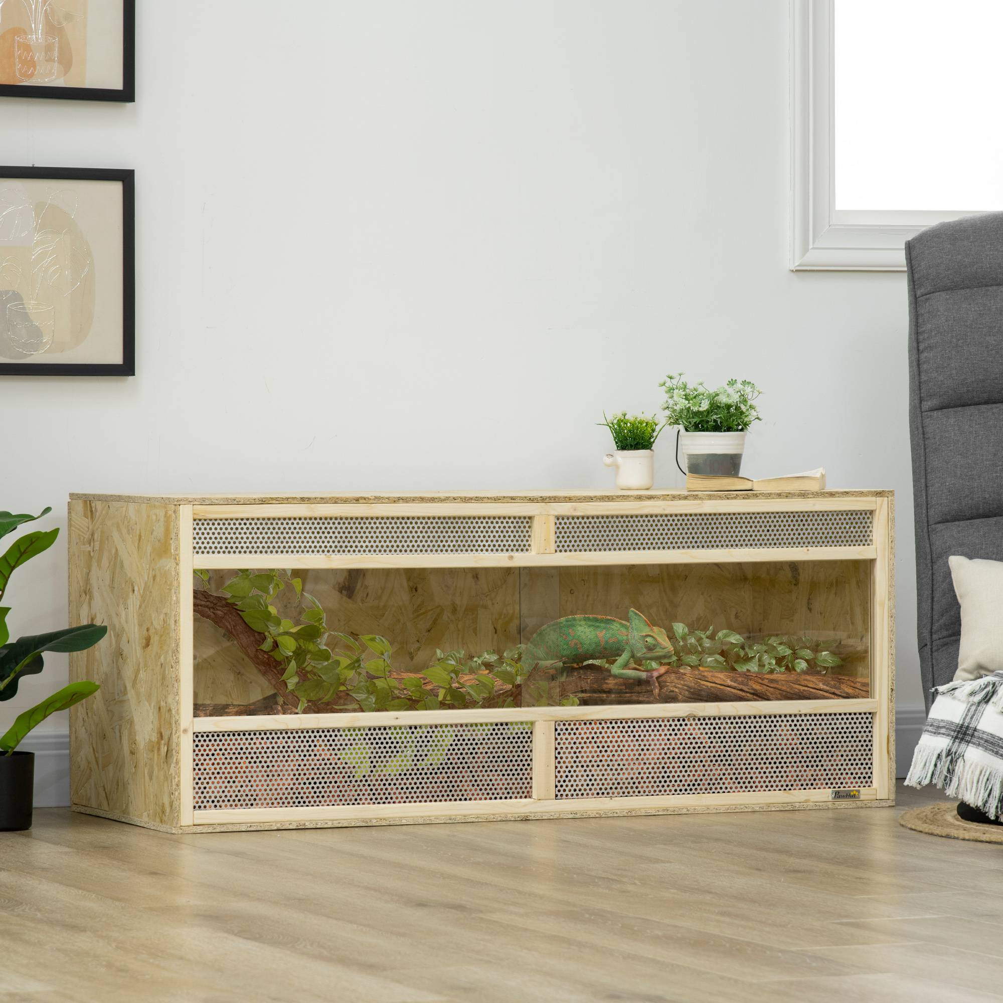 Terrarium til Krybdyr/Paddier, Skydedøre i Glas, Ventilationsgitter, 120x50x50cm.