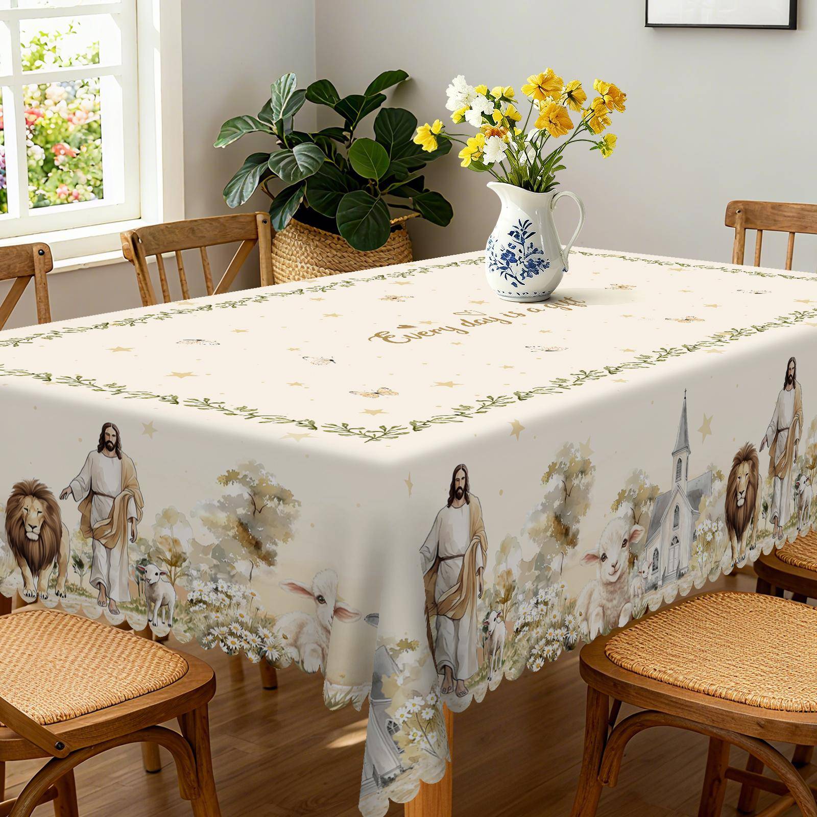 Bordsduk med Jesus-tema, med söta får, lejon, utsökta hus, prästkragar och andra blommor, fjärilar, ett majestätiskt Jesus-tryckmönster, Multip