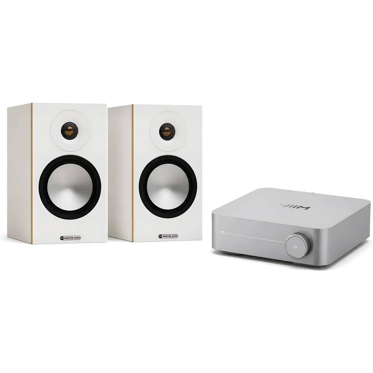 WiiM + Monitor Audio Bronze 50 7G hvid + AMP sølv.