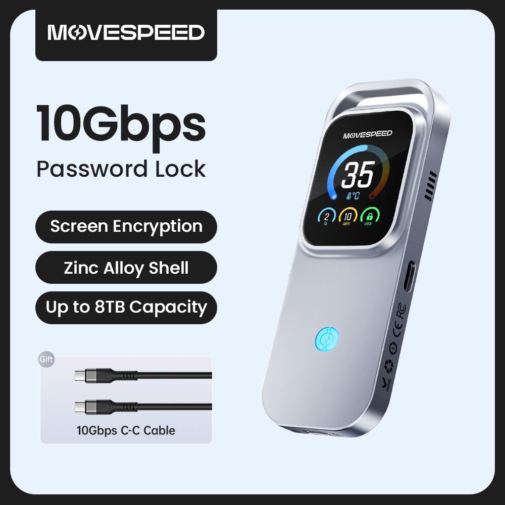 MOVESPEED AC10 10Gbps M.2 NVMe PCIe SSD Enclosure USB-C 3.2 TurboX Smart Touch Screen Encryption SSD Box Zinc Alloy ProCool Case